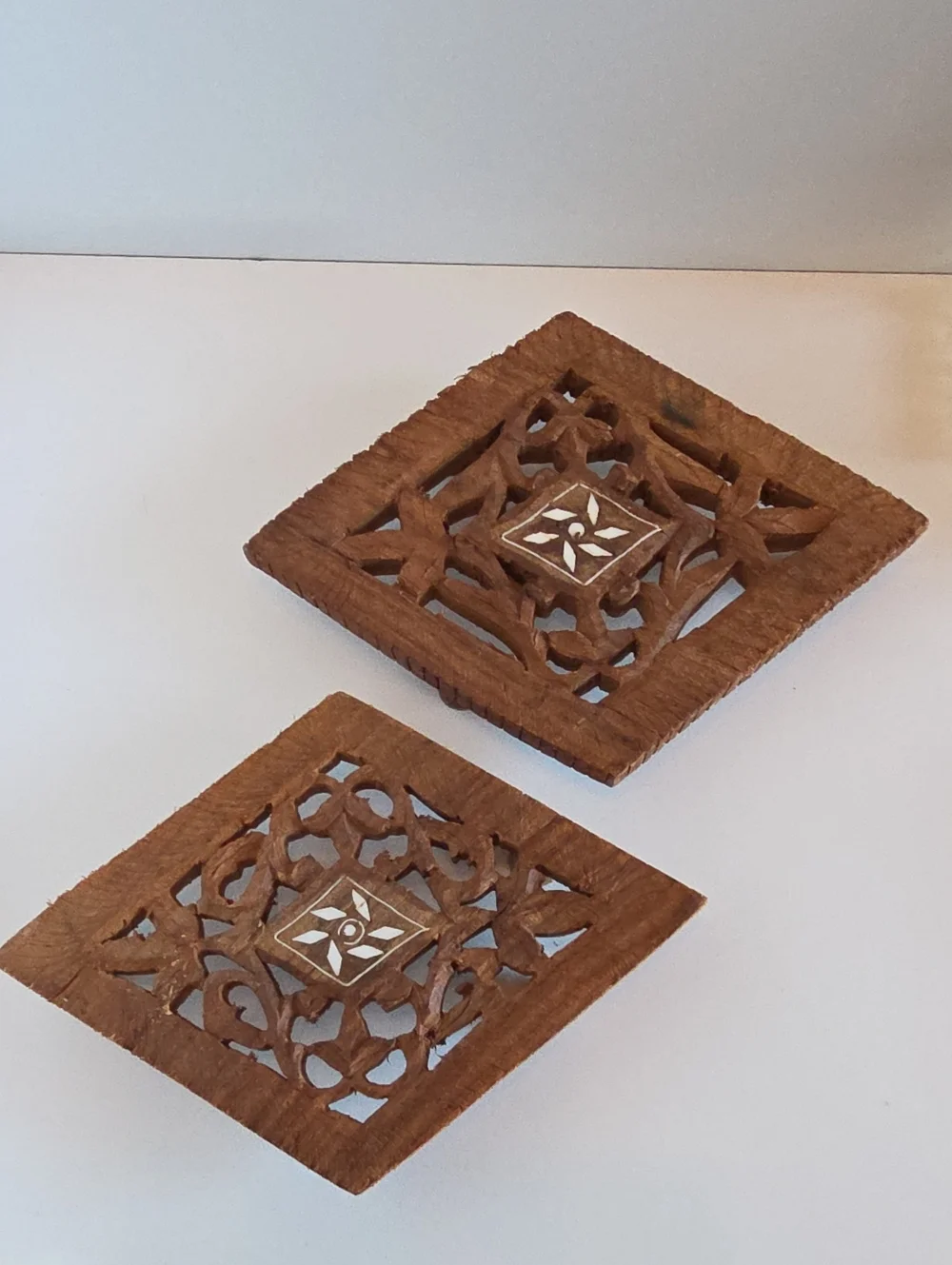 Vintage 1970's Hand Carved Wood Trivet with Tab Feet India -Set Of 2